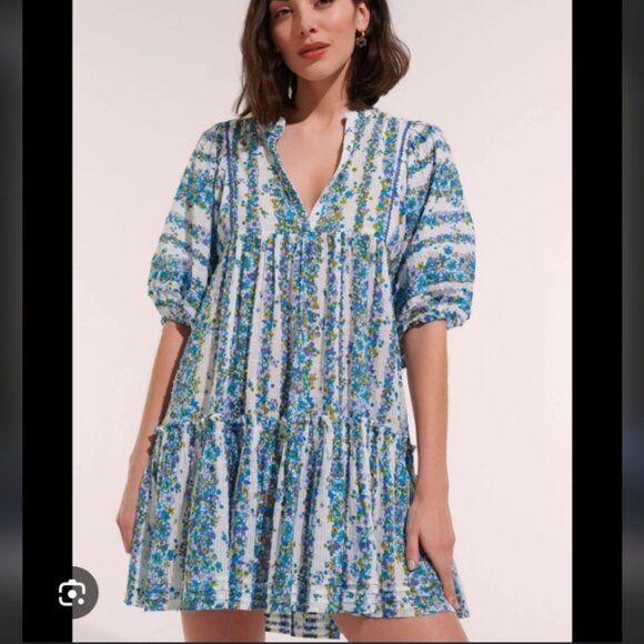 Poupette St Barth Tropical Floral Women's Aria Tiered Mini Dress Size M/L - Picture 2 of 14
